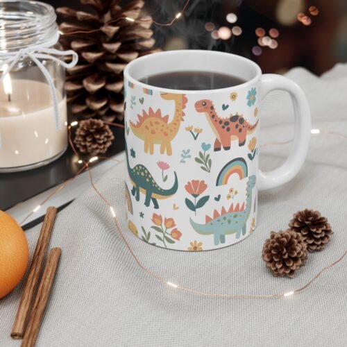 Dinosaur Print Mug, Cute Dino Coffee Cup, Whimsical Ceramic Mug, Kids Gift, Dino Lover, Fun Breakfast Mug