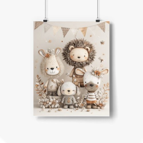 Safari Animal Nursery Wall Art – Lion, Bunny, Puppy, and Deer Print for Baby Room and Toddler Décor
