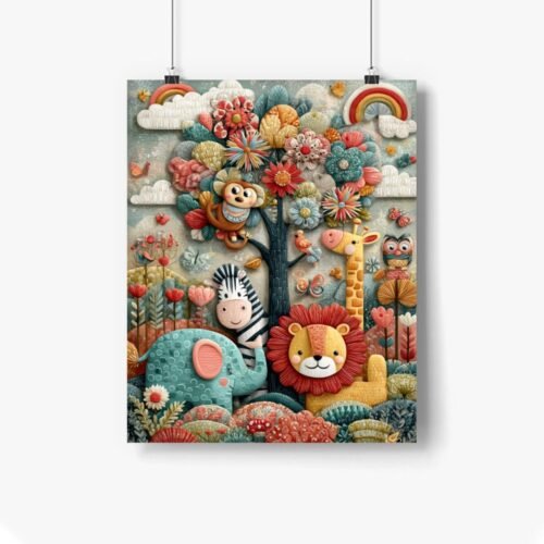 Whimsical Jungle Animal Wall Art – Colourful Nursery Print with Lion, Elephant, Zebra, Monkey & Giraffe