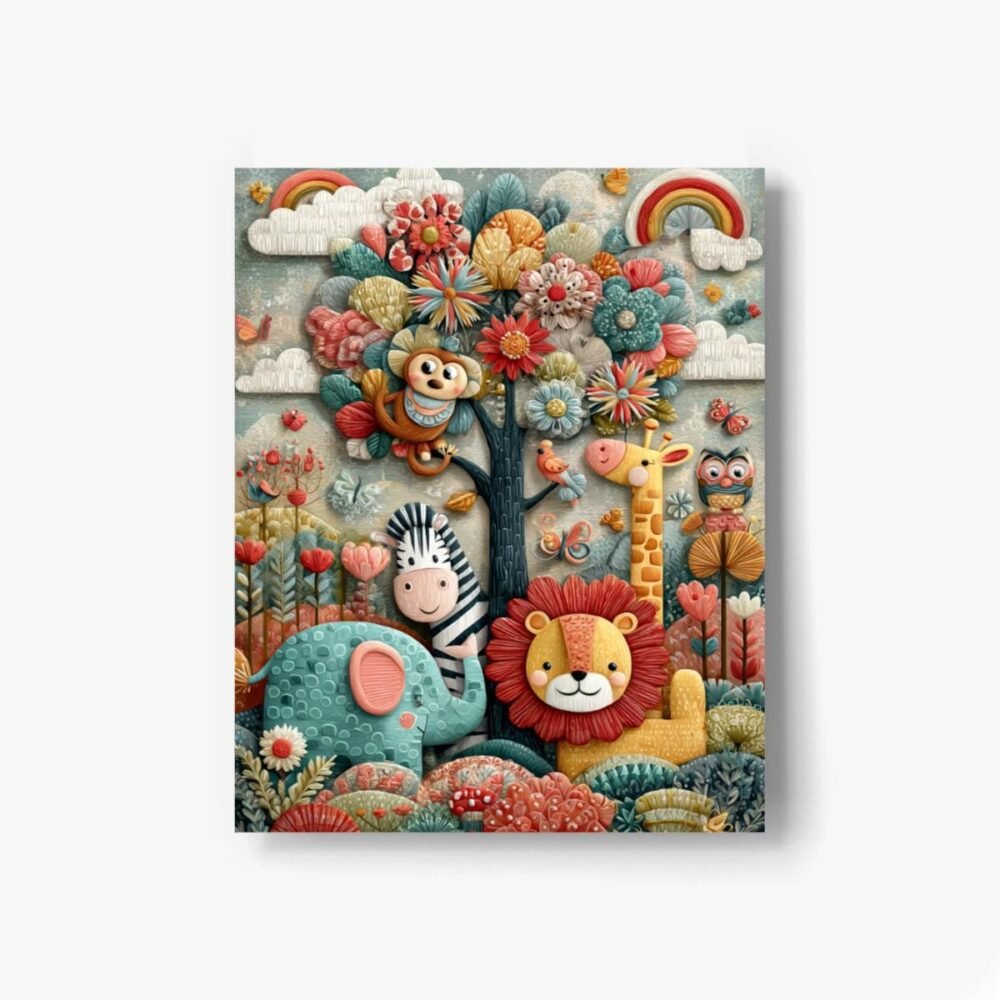 Whimsical Jungle Animal Wall Art – Colourful Nursery Print with Lion, Elephant, Zebra, Monkey & Giraffe