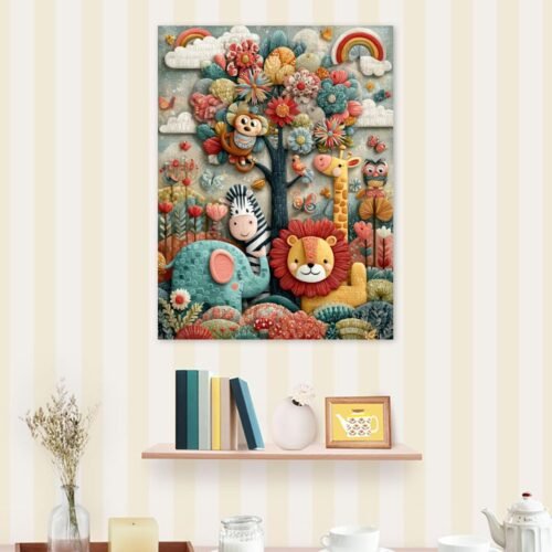 Whimsical Jungle Animal Wall Art – Colourful Nursery Print with Lion, Elephant, Zebra, Monkey & Giraffe