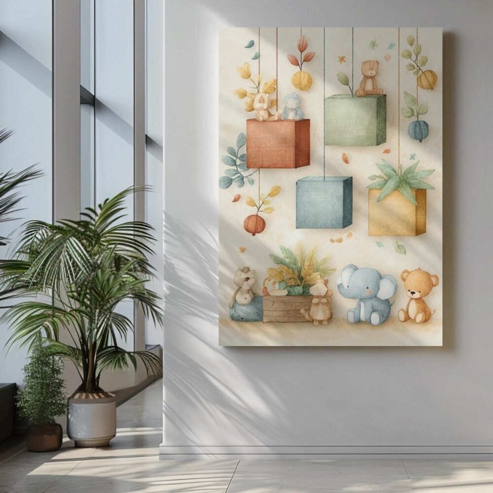 Whimsical Watercolor Animals and Floating Blocks