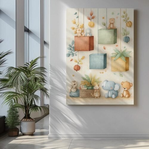 Whimsical Watercolor Animals and Floating Blocks