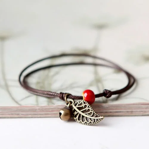 Ceramic Beaded Bracelet Bangle Rope Chain Vintage Leaf Pendant Couple Bangle Bracelets Retro bracelet Jewelery wholesale