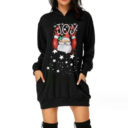 Women's Christmas Sweatshirt 2025 Autumn Winter Latest Christmas Print Mid Length Pocket Hooded Long Sleeve Sweatshirt Pullover