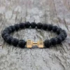 NEW Natural Black Volcanic Lava Stone Dumb-bell Bracelet Dark Matte Beads Bracelets For Women Men Fitness Barbell Jewelry Gift