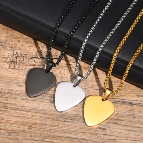 Punk Guitar Pick Necklace for Men Boys,Stainless Steel Guitar Picks Pendant Collar with 3MM Box Chain,Music-lovers Jewelry Gifts