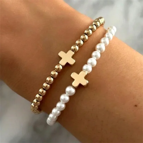 2pcs/Set Bohemian Vacation Style Handmade Woven Faux Pearl Faux Pearl Cross Beaded Bracelet Summer Ocean Beach Gift Easter Gift