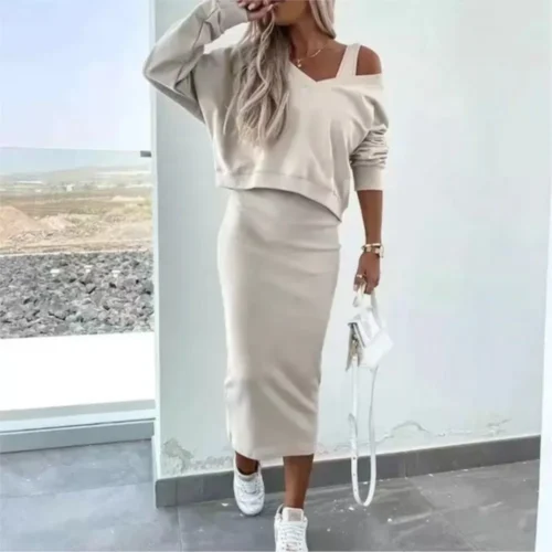 Spring And Autumn New Dress Women's Suit Fashion Sweater Vest Dress Slim-fit Bag Hip Elegant Female T Shirt Dresses 2 Piece Set