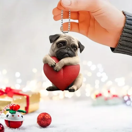 Adorable Pug Dog with Heart Keychain Cute Puppy Versatile Charm Car Hanging Ornaments Home Festive Decor Valentine's Day Gifts