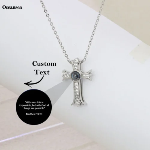 Customized Photo Projection Cross Love Necklace Personalized Picture Custom Bible Verse Cross Projection Zircon Necklace Gift