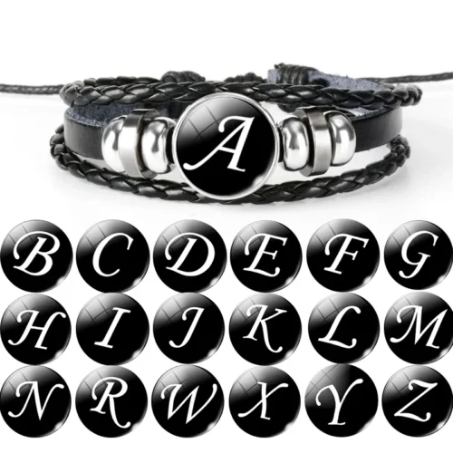 26 Letter A-Z Glass Buckle Leather Bracelet ID Name Friendship Adjustable Black Woven Bracelet for Boys and Girls As Family Gift