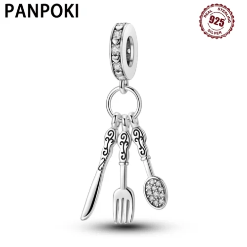 PANPOKI 925 Sterling Silver Retro Spoon Fork Knife Pendants Bracelet Charms Jewelry Party Beads DIY Trendy Gifts