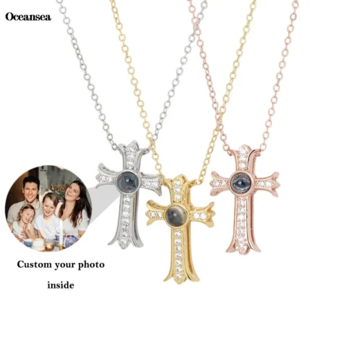Customized Photo Projection Cross Love Necklace Personalized Picture Custom Photo Cross Projection Zircon Necklace Gift