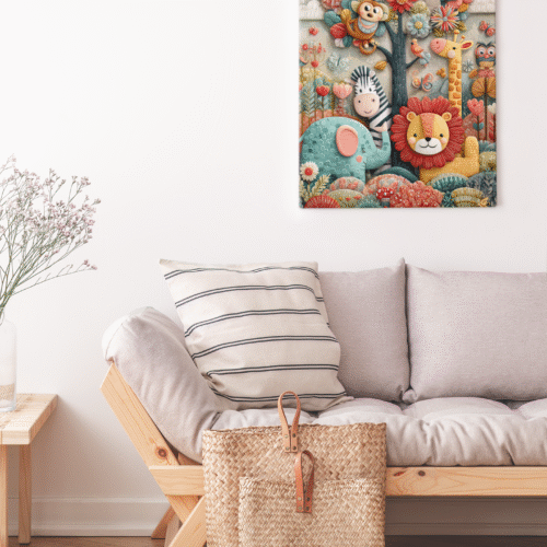 Whimsical Jungle Animal Wall Art – Colourful Nursery Print with Lion, Elephant, Zebra, Monkey & Giraffe