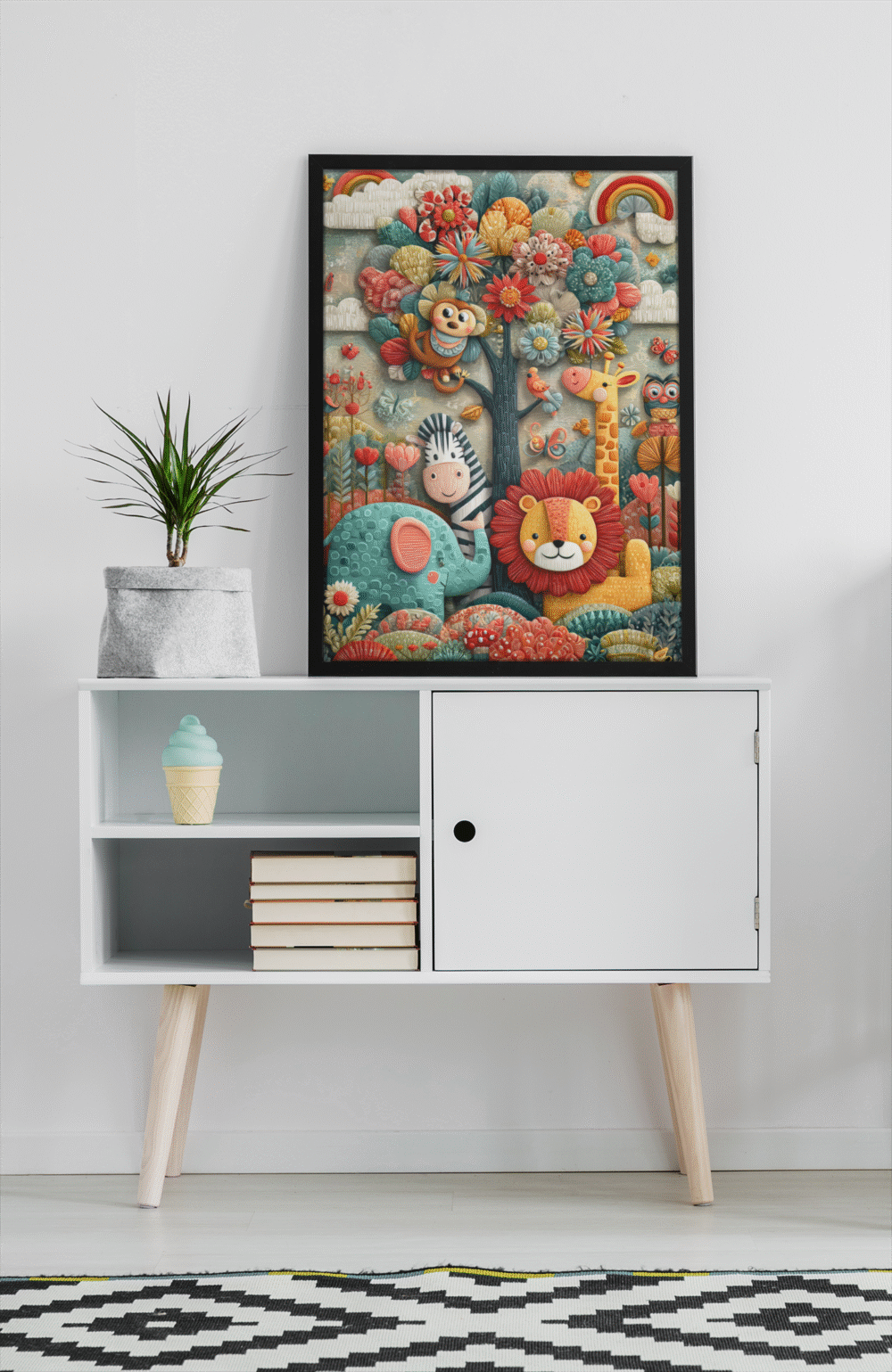 Whimsical Jungle Animal Wall Art – Colourful Nursery Print with Lion, Elephant, Zebra, Monkey & Giraffe