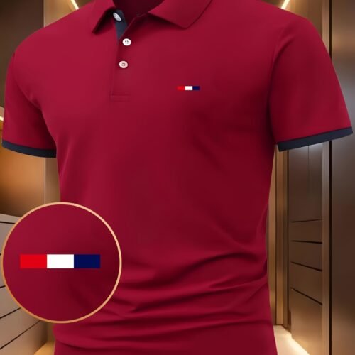 Men'S Red Polo Shirt with French Flag Design - Casual Short Sleeve, Button-Up Collar, Comfortable Summer Top for Outdoor Sports & Leisure, Leisure Clothing | French Flag Print | Comfortable Fit, Polo Shirts