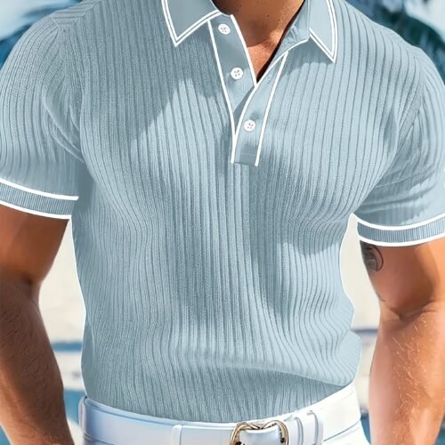 Men'S Light Blue Polo Shirt - Casual Summer Short Sleeve with Button-Up Detail, Knit Fabric, Half Collar, Regular Fit, White Waist Belt, Polyester Blend, Casual Summer Wear|Short Sleeve Shirt|Button Detail