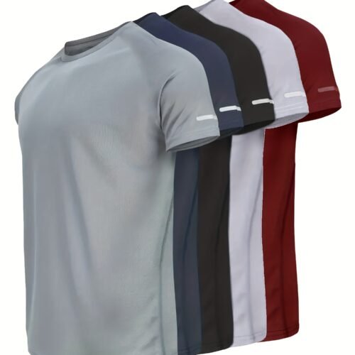 5pcs Printed Men's Quick-Dry Sports T-Shirts with Reflective Stripes