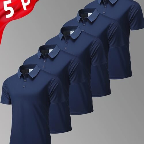 5pcs Men's Summer Short-Sleeve Shirts - Breathable 150gsm Knit Fabric, Solid Color Button-Up Collar Shirts for Golf, Casual & Weekend Outings - Regular Fit Athleisure Style, Golf T Shirts, Sports Leisurewear, Comfortable Fit Shirt