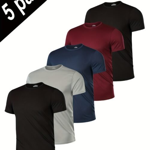 5pcs Men's Quick-Dry Crew Neck T-Shirts - Soft, Comfortable Polyester, Solid Colors for Casual & Outdoor Wear, Regular Fit, Short Sleeves