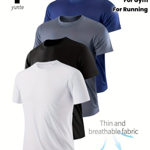 4pcs Quick-Drying, Breathable Mixed Colors Men's Round Neck T-shirts for Fitness, Gym, and Running