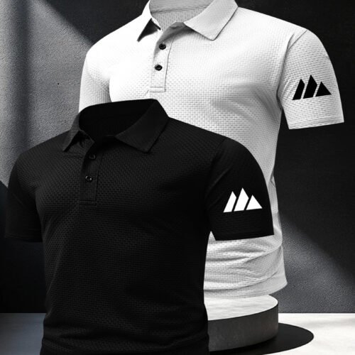 2pcs Men'S Casual Golf & Equestrian Polo Shirts with Mountain Arm Patch - Breathable Short Sleeve, Regular Fit, Button-Up Collar for Spring/Summer, Versatile for Business or Leisure, Golf Shirts, Summer Fashion, Sleek Appearance, Comfortable Fabric