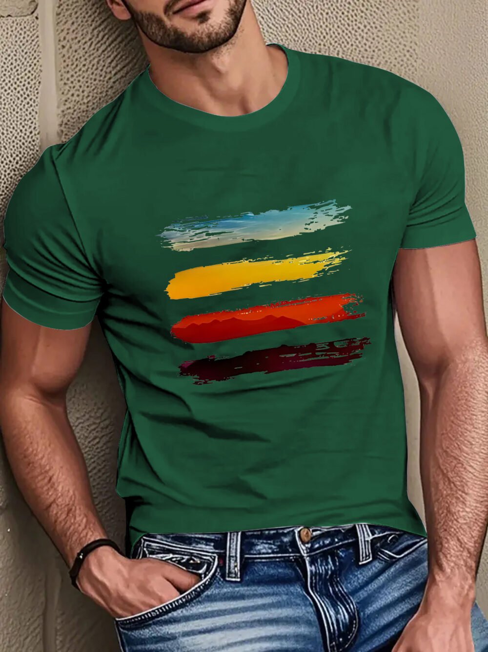 Men's Casual Summer Tee - Soft, Comfortable, Breathable Green T-Shirt with Colorful Horizontal Stripe Print, Round Neck