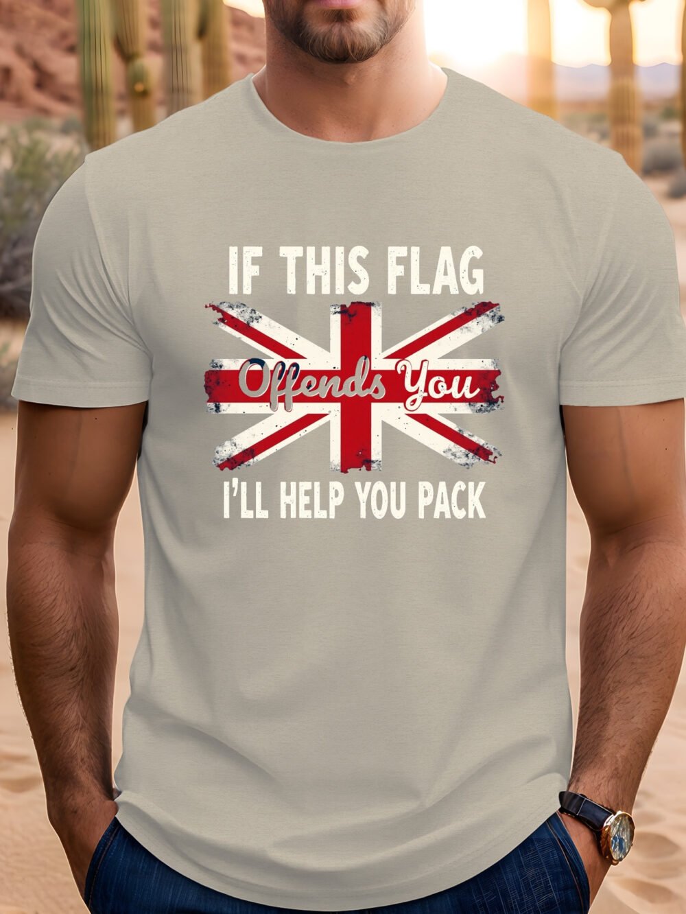 Men's Casual Short Sleeve T-Shirt with Union Jack Flag Offends You Quote Print - Lightweight Summer Tee, Regular Fit